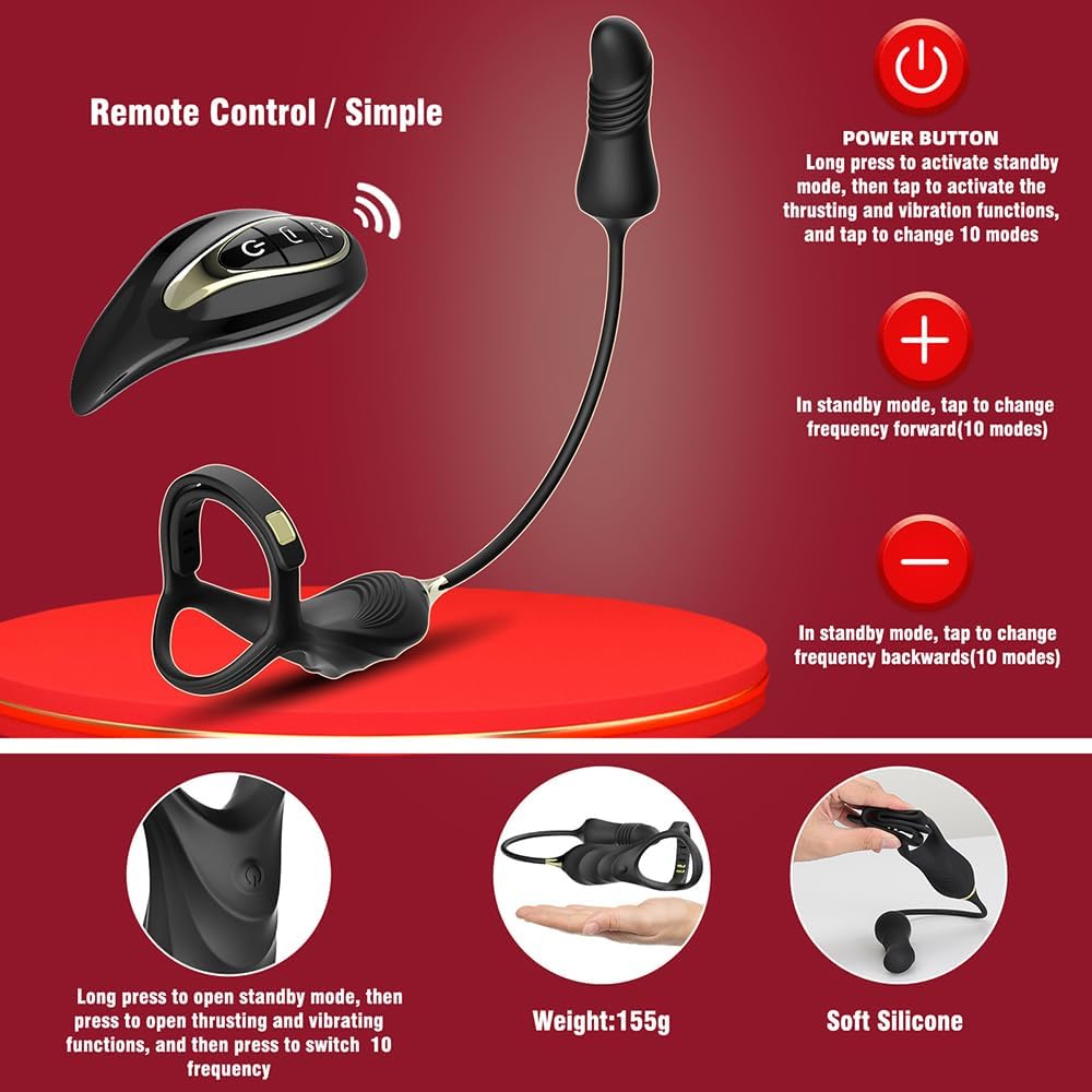 Männlicher Prostata Stimulator Massagegeräte mit Penisring Fernbedienung Teleskop Vibrator SM Analvibratoren Butt Plug mit 10 Vibrationsmodi+Schubmodi Analplug Dildo Sex Spielzeug für Männer