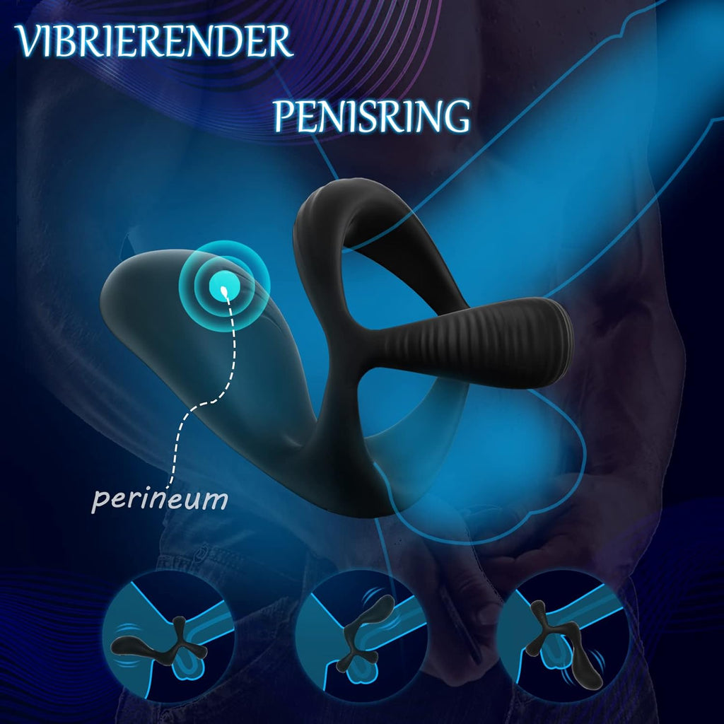 3 in 1 Silikon Cockring Vibratoren-Anal und Perineum Klitoris Stimulator mit 10 Modi Vibration,Dehnbar Penisringe Erektion Massager,Sexspielzeug für Männer und Paare Extrem Schwarz