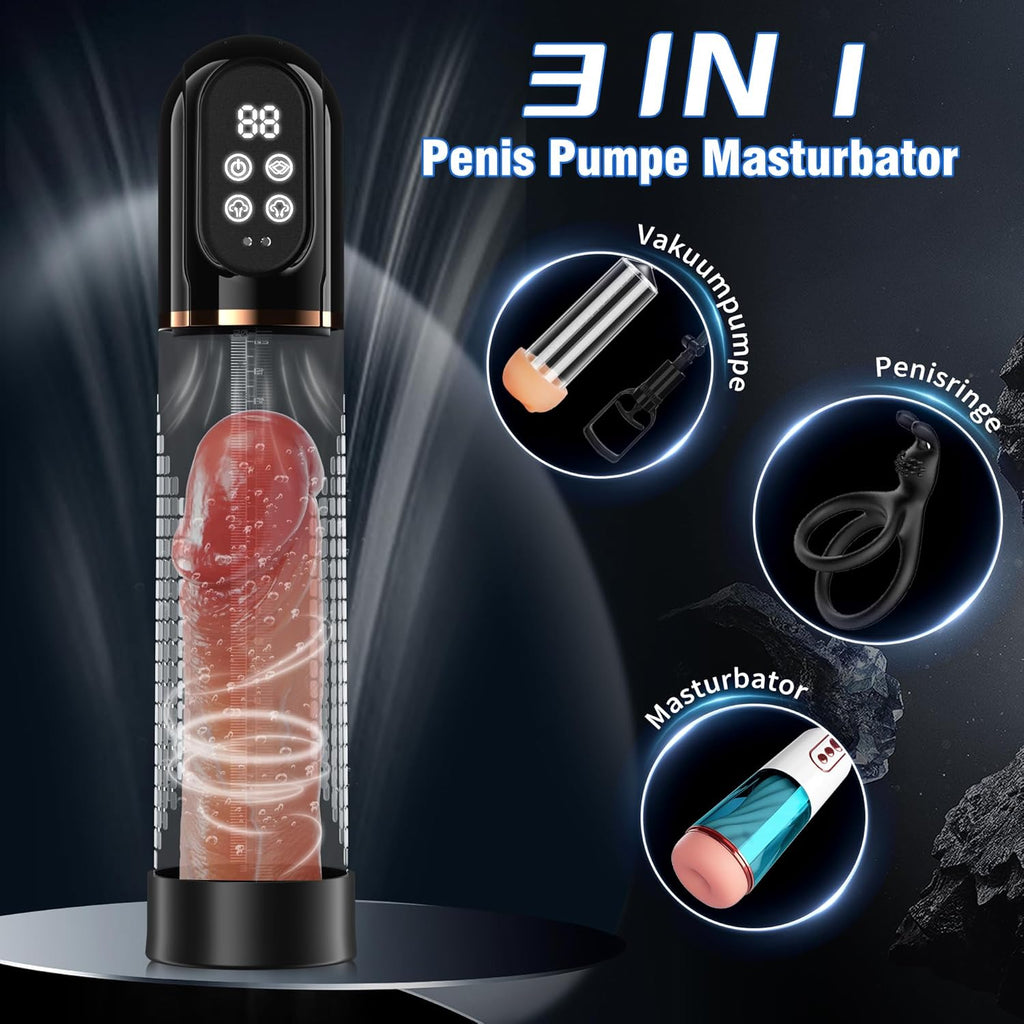 Penispumpe für Penisvergrößerung Sex Spielzeug für die Männer, Elektrische Penis Vakuumpumpe mit Taschenmuschi 4 + 3 Saugstufen, IPX7 100% Wasserdicht Erektion Masturbator mit 2 Silikonhülsen