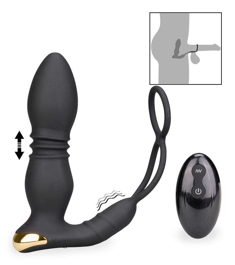 Analplug mit Stoßfunktion, Vibration und Cockringen Luck