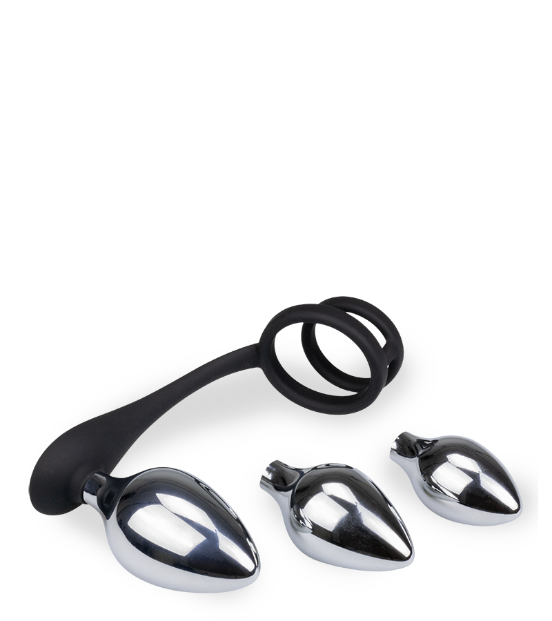 Analschmuck mit Doppel-Cockring und 3 Plugs