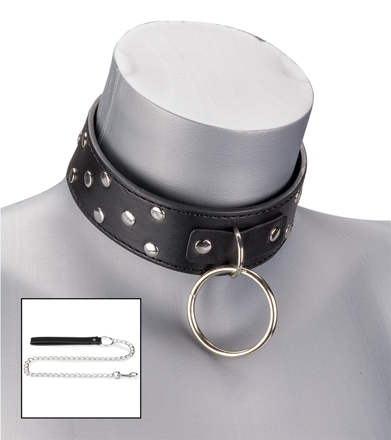 BDSM-Halsband mit Flachnieten, O-Ring und Leine