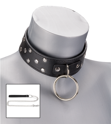 BDSM-Halsband mit Flachnieten, O-Ring und Leine