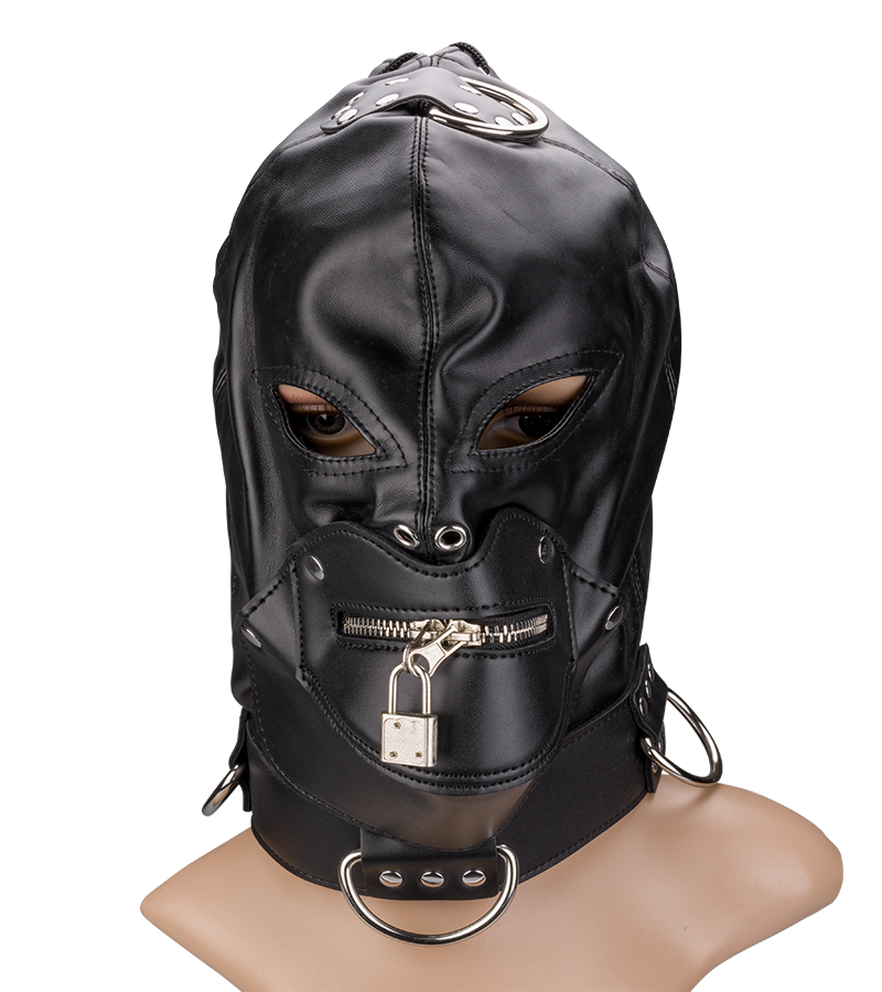 BDSM-Kopfmaske mit Reißverschluss am Mund und Schloss