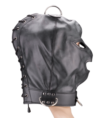 Bondage-Haube aus Kunstleder mit drei Öffnungen und Ringen