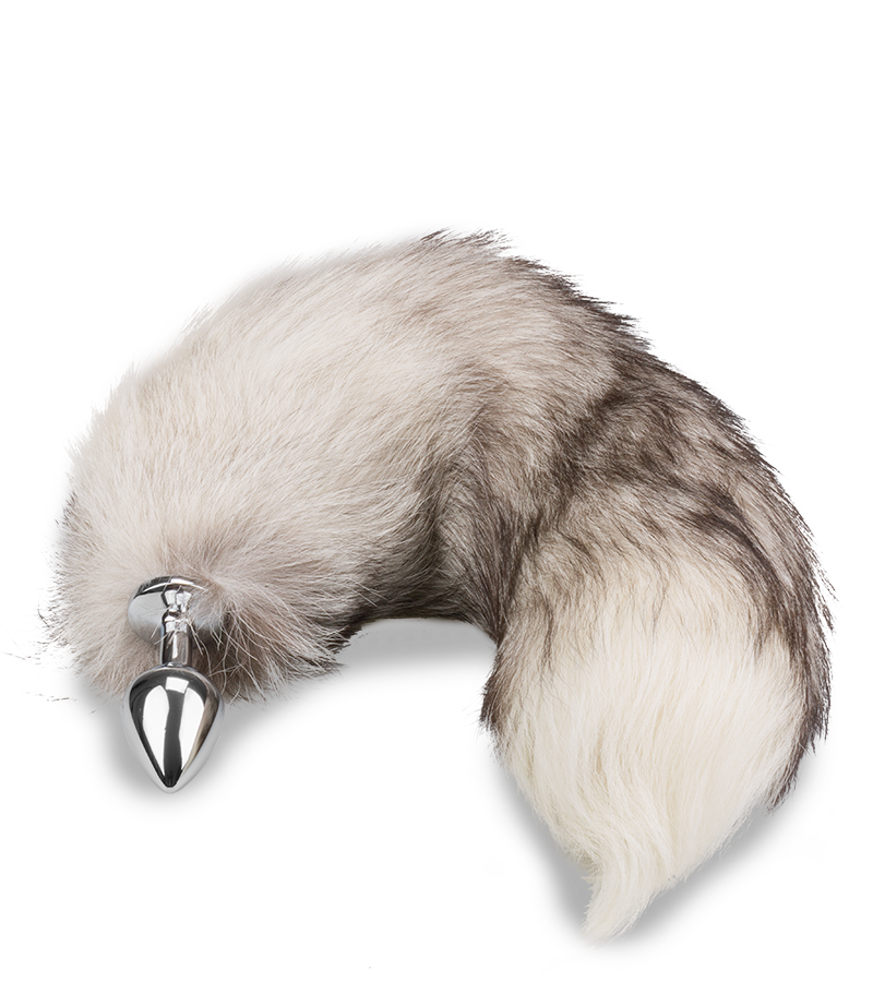 Grau-weißer Fuchsschwanz-Buttplug mit echtem Fell