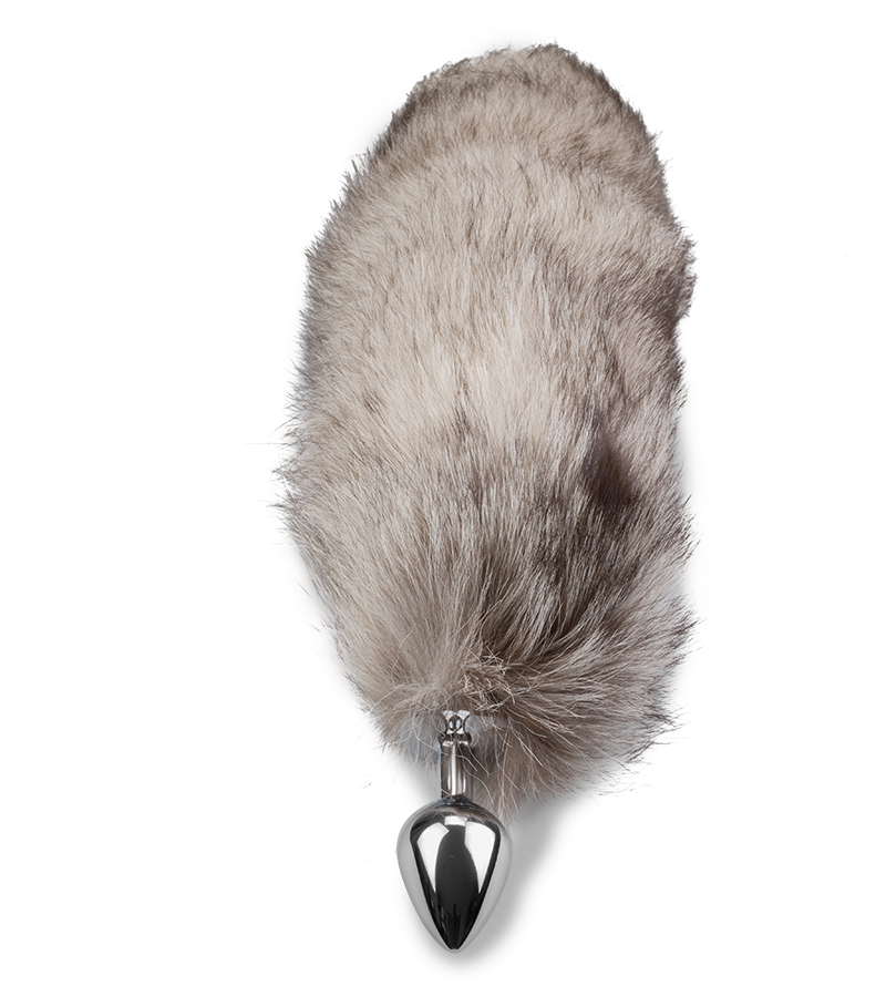Grau-weißer Fuchsschwanz-Buttplug mit echtem Fell